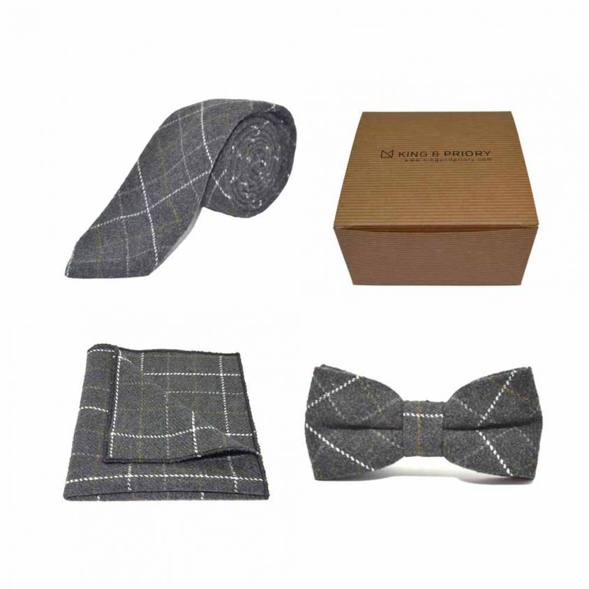 Heritage Check Charcoal Grey Bow Tie, Tie & Pocket Square Set | Boxed