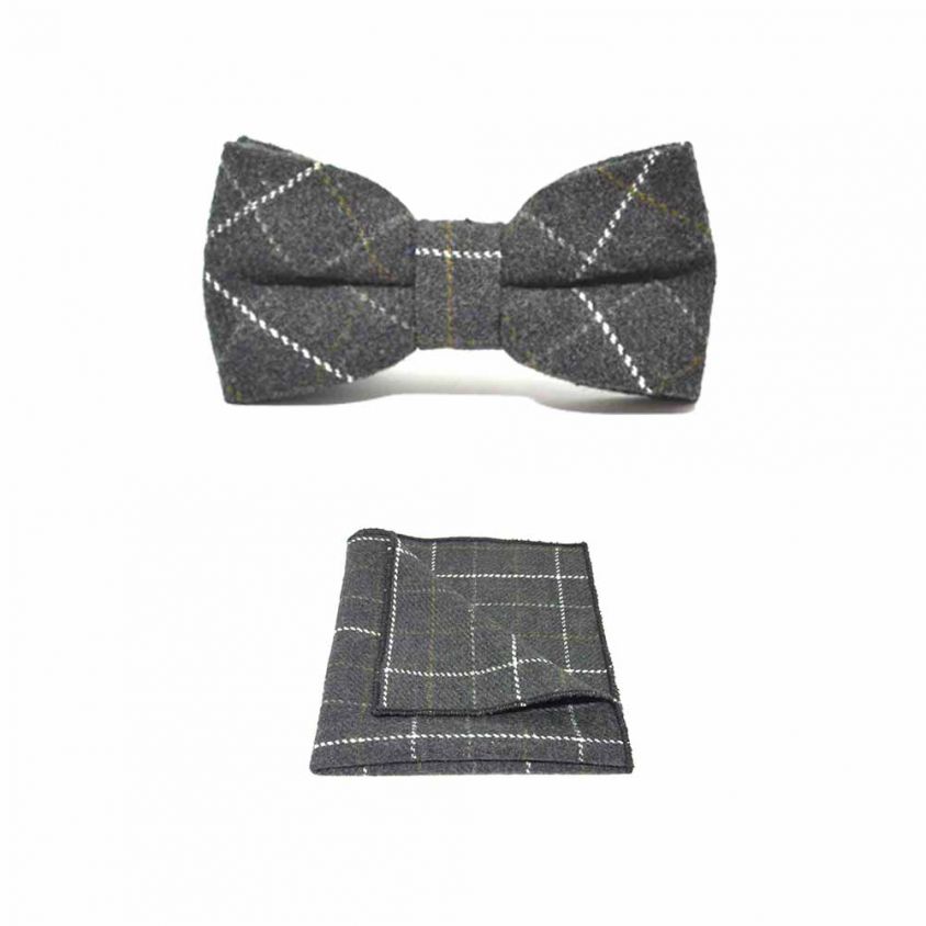 Heritage Check Charcoal Grey Bow Tie & Pocket Square Set | Boxed