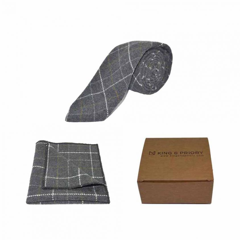 Heritage Check Charcoal Grey Tie & Pocket Square Set | Boxed