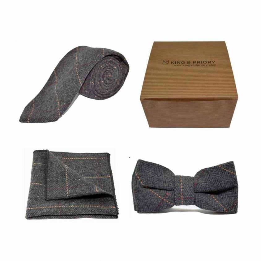 Luxury Herringbone Charcoal Grey Tweed Bow Tie, Tie & Pocket Square Set | Boxed