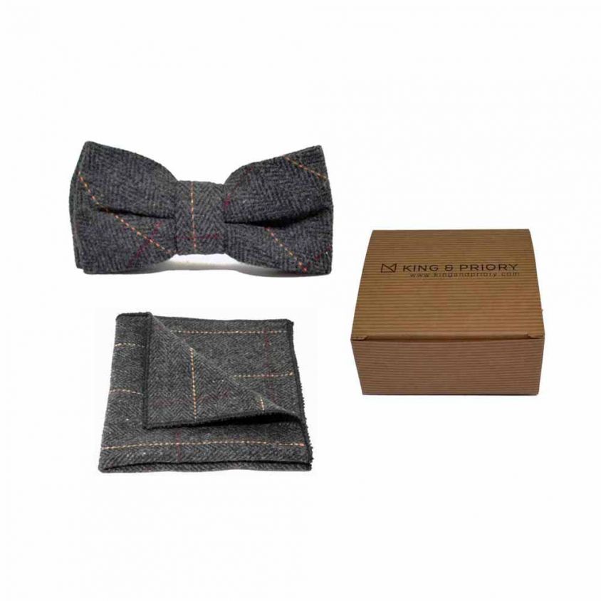 Luxury Herringbone Charcoal Grey Tweed Bow Tie & Pocket Square Set | Boxed