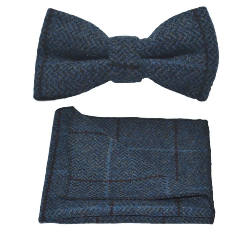 Aegean Blue Herringbone Check Bow Tie & Pocket Square Set
