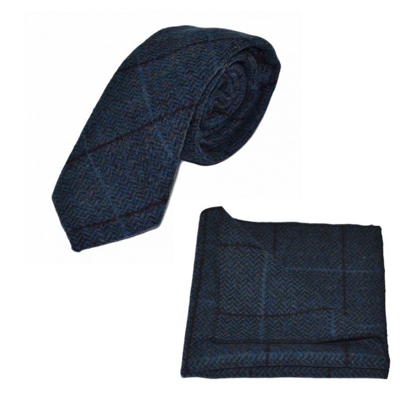 Aegean Blue Herringbone Check Tie & Pocket Square Set