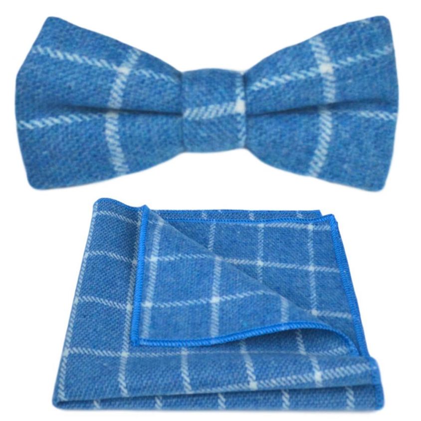 Azure Blue Birdseye Check Bow Tie & Pocket Square Set