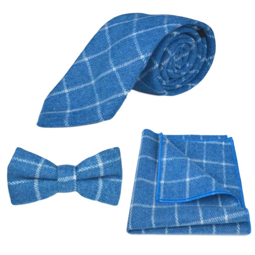 Azure Blue Birdseye Check Tie, Bow Tie & Pocket Square Set