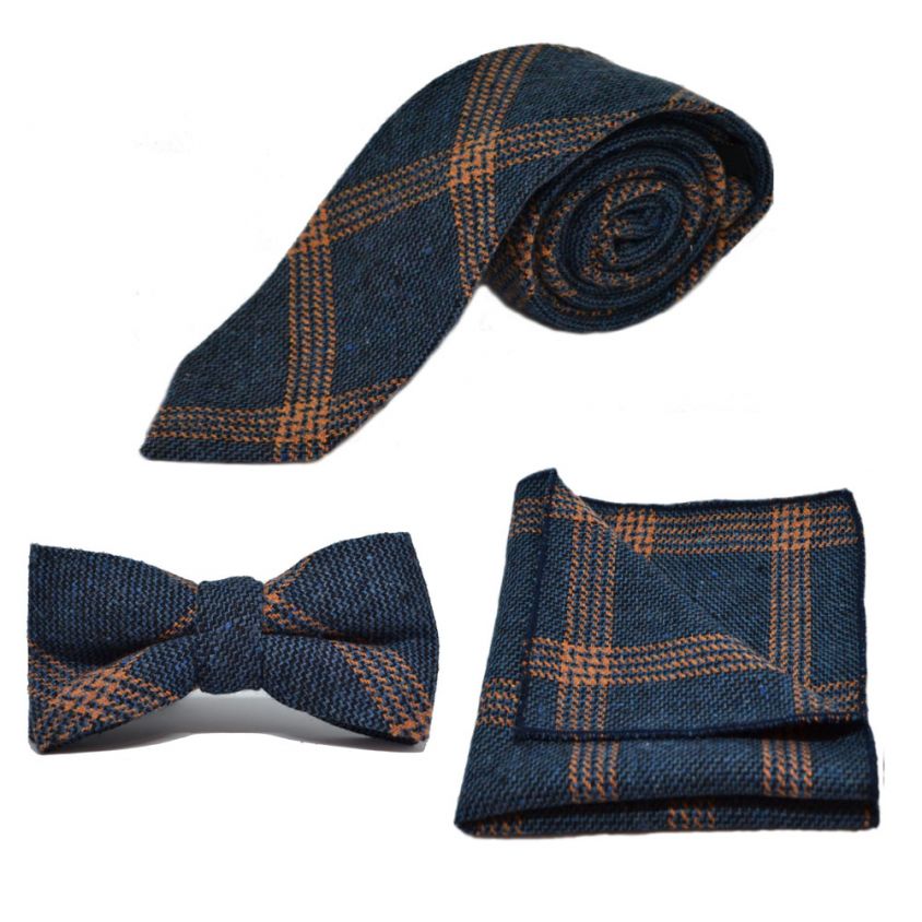 Denim Blue & Orange Birdseye Check Tie, Bow Tie & Pocket Square Set