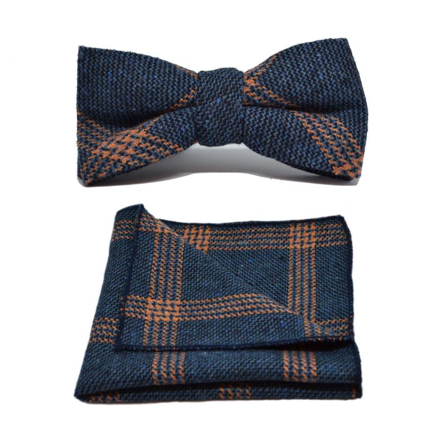 Denim Blue & Orange Birdseye Check Bow Tie & Pocket Square Set