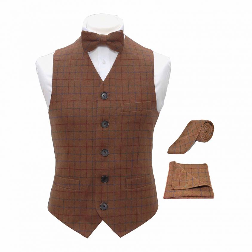 Heritage Check Rustic Brown Waistcoat & Matching Bow Tie, Tie & Pocket Square