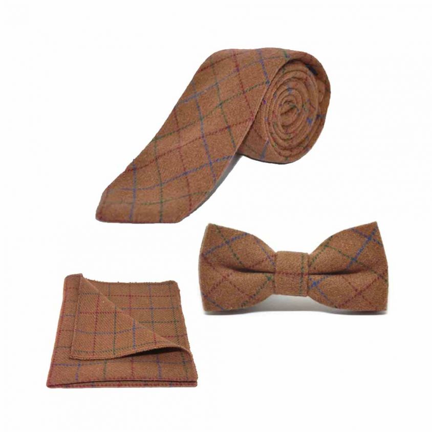 Heritage Check Rustic Brown Bow Tie, Tie & Pocket Square Set
