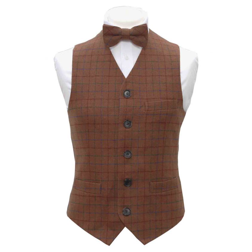 Heritage Check Rustic Brown Waistcoat & Matching Bow Tie