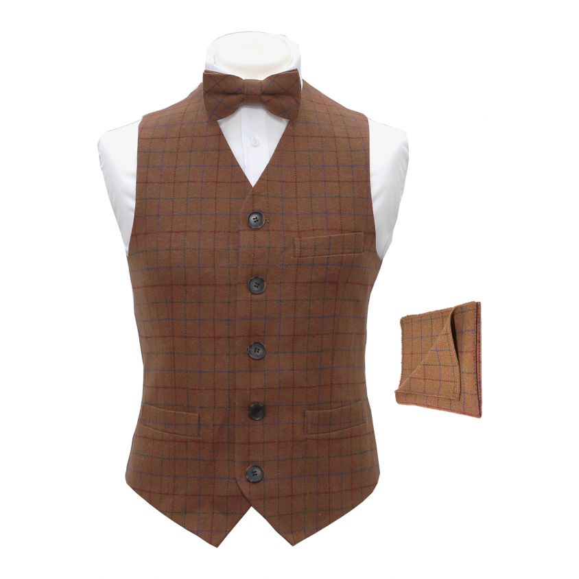 Heritage Check Rustic Brown Waistcoat & Matching Bow Tie & Pocket Square