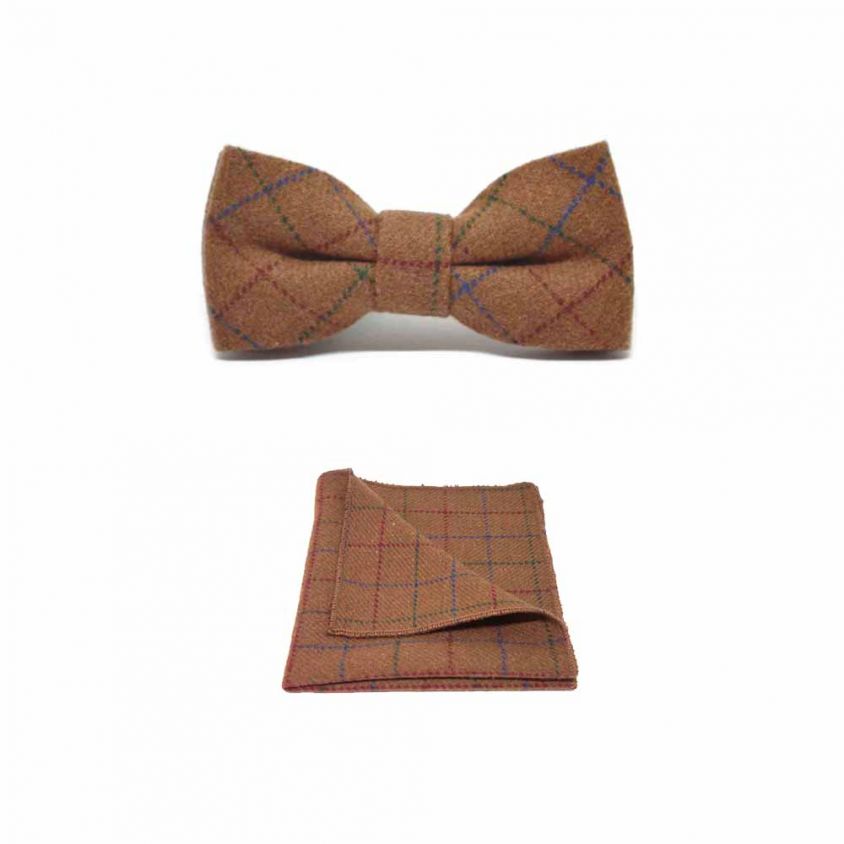 Heritage Check Rustic Brown Bow Tie & Pocket Square Set