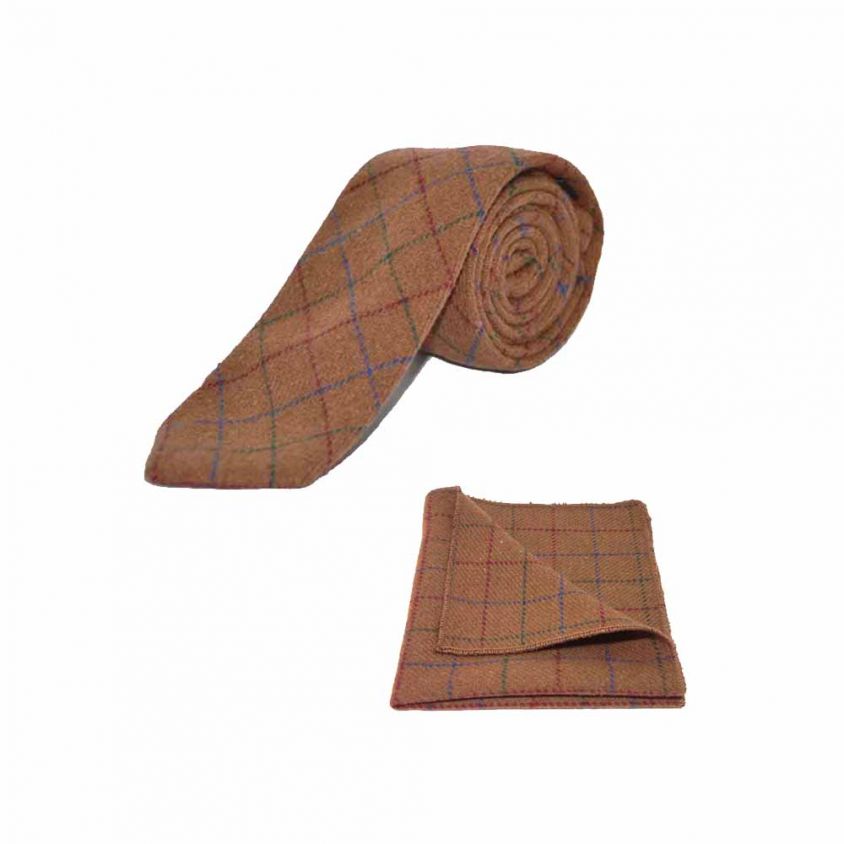 Heritage Check Rustic Brown Tie & Pocket Square Set