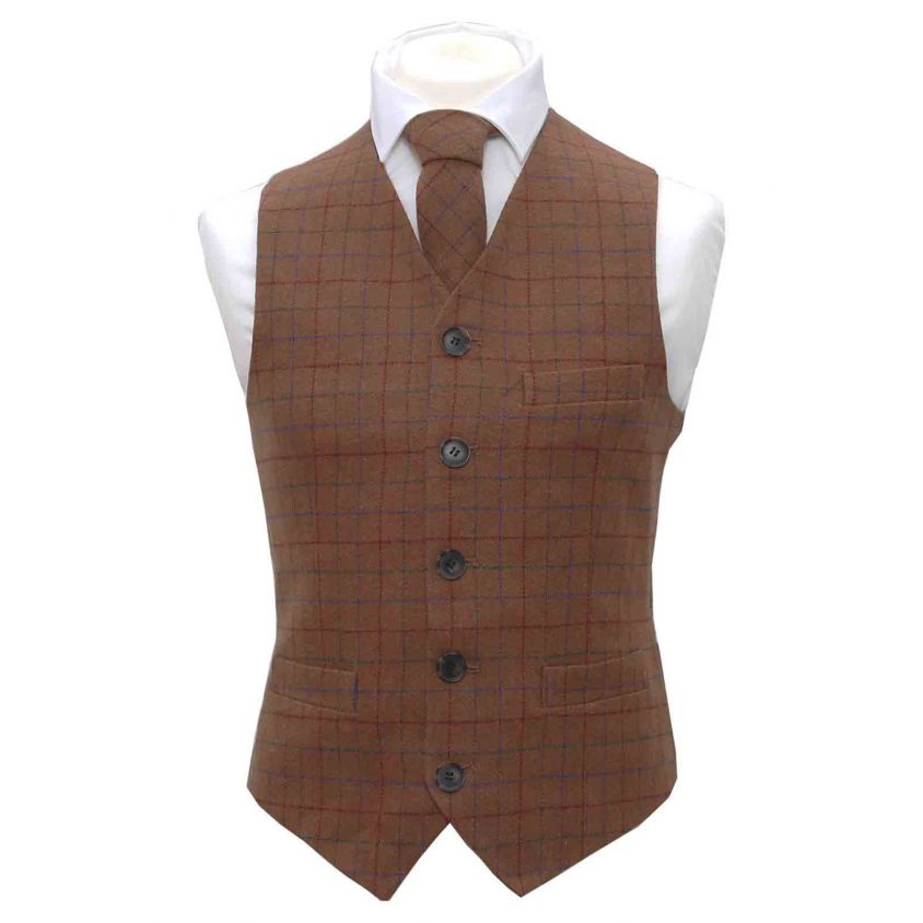 Heritage Check Rustic Brown Waistcoat & Matching Tie