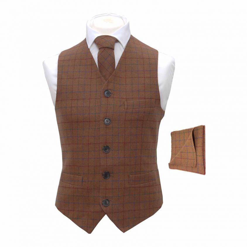 Heritage Check Rustic Brown Waistcoat & Matching Tie & Pocket Square