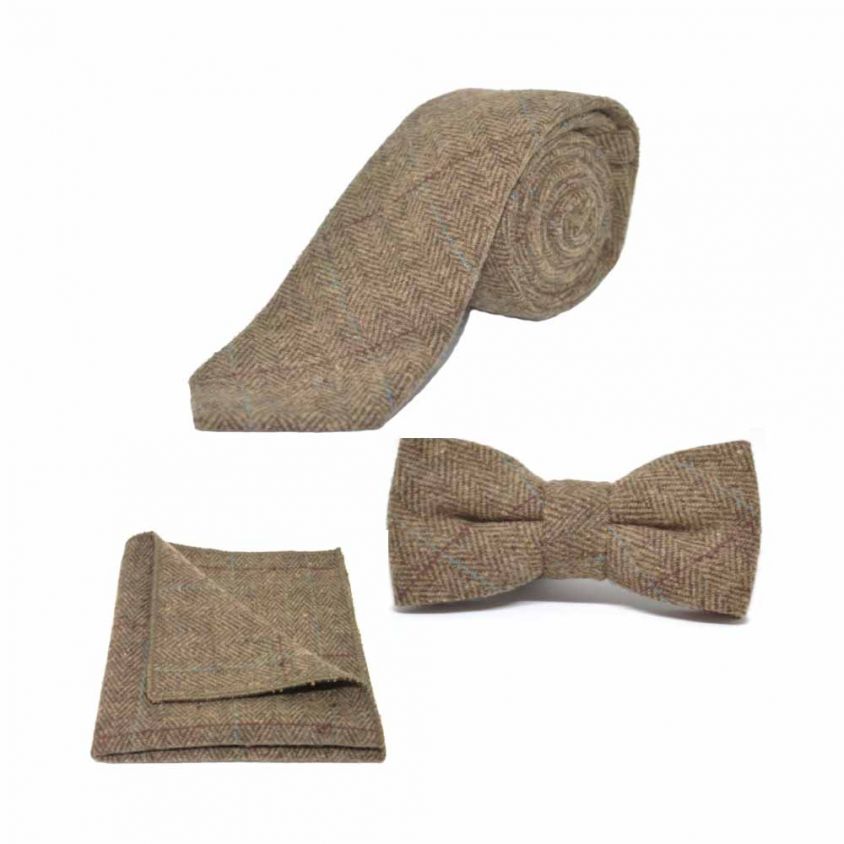 Luxury Herringbone Brown Tweed Bow Tie, Tie & Pocket Square Set