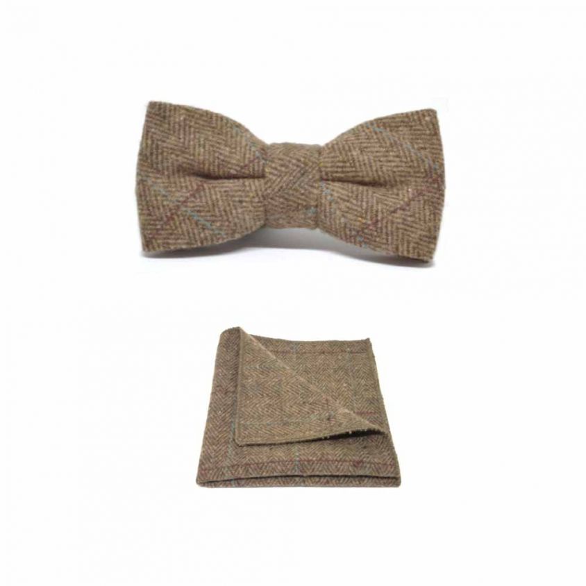 Luxury Herringbone Brown Tweed Bow Tie & Pocket Square Set