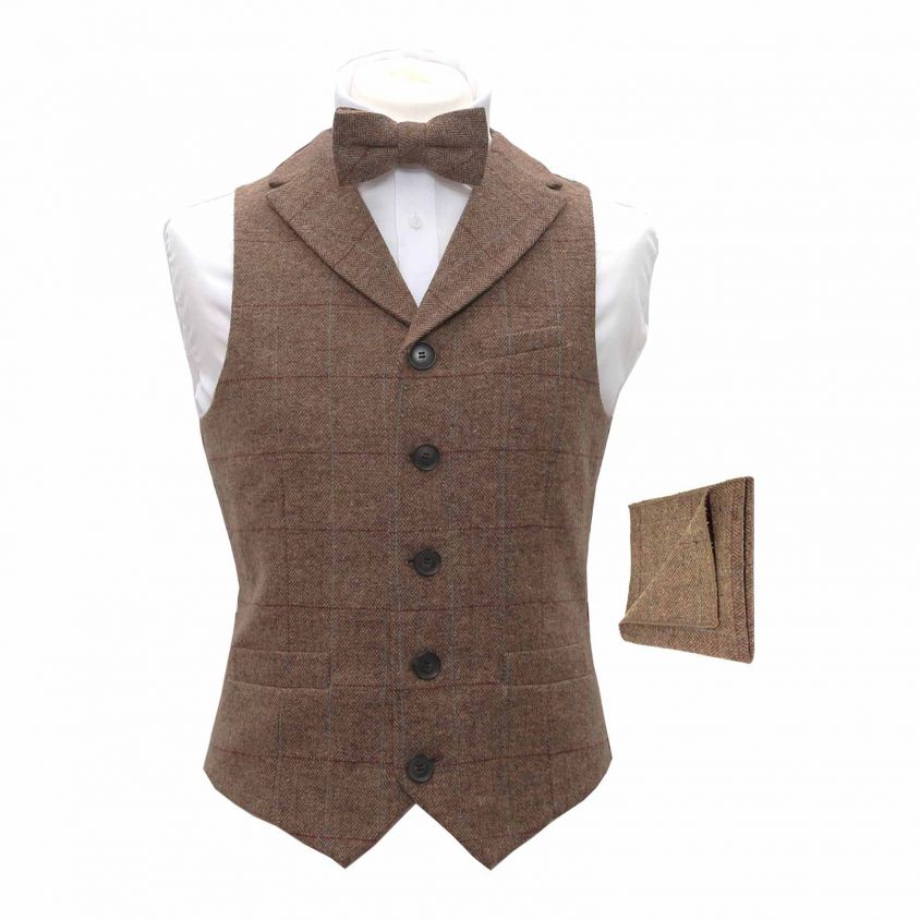 Luxury Herringbone Brown Tweed Waistcoat with Lapel & Matching Bow Tie & Pocket Square Set