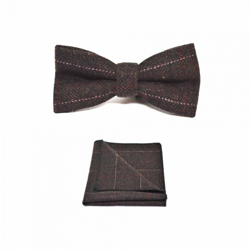 Luxury Herringbone Chocolate Brown Bow Tie & Pocket Square Set