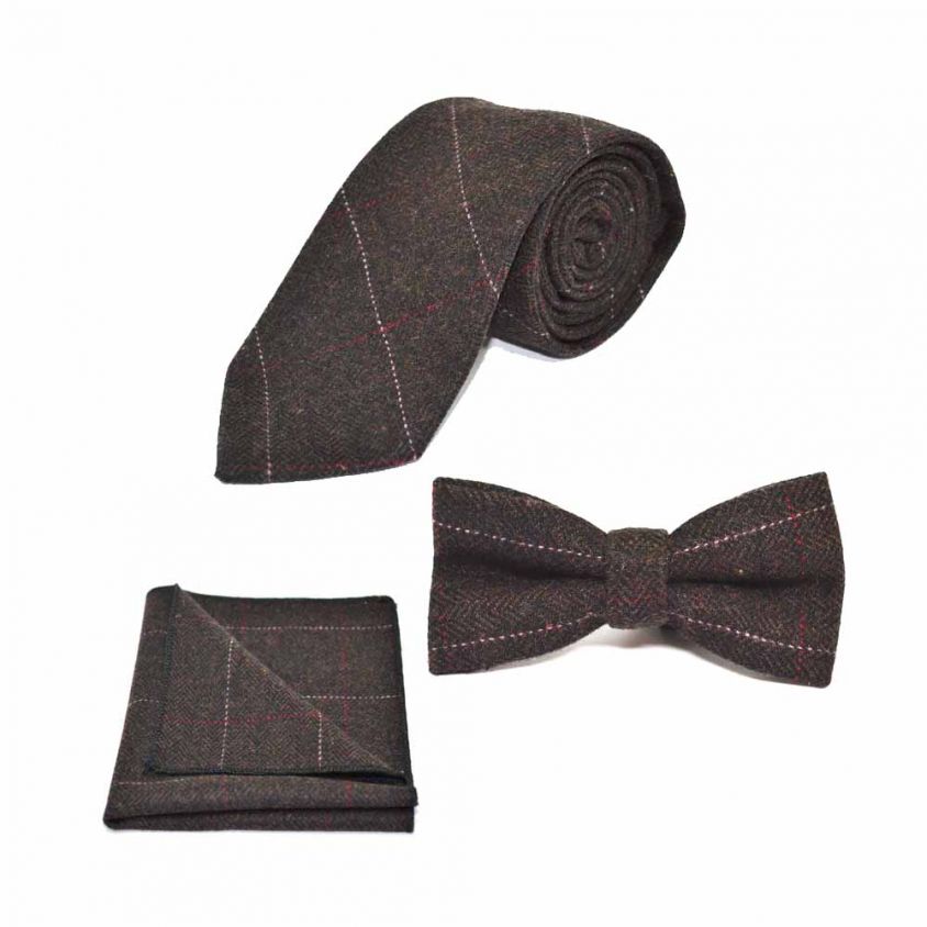 Luxury Herringbone Chocolate Brown Bow Tie, Tie & Pocket Square Set