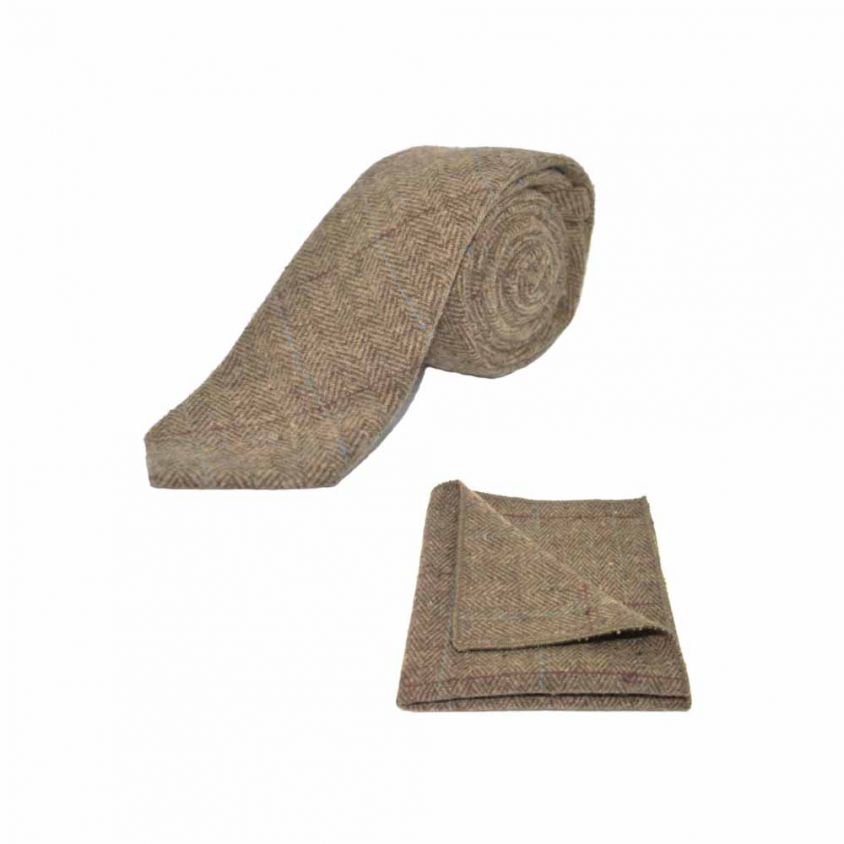 Luxury Herringbone Brown Tweed Tie & Pocket Square Set