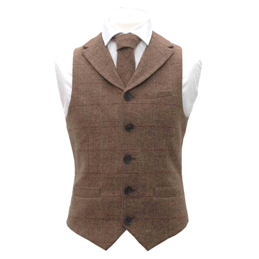 Luxury Herringbone Brown Tweed Waistcoat with Lapel & Matching Tie