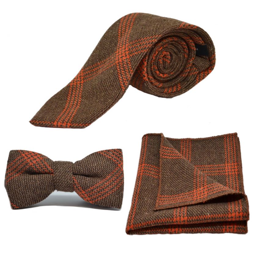 Biscuit Brown & Orange Birdseye Check Tie, Bow Tie & Pocket Square Set