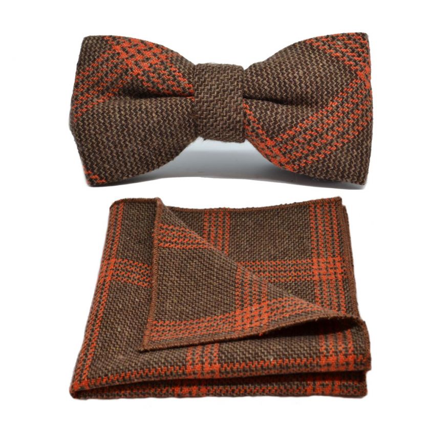 Biscuit Brown & Orange Birdseye Check Bow Tie & Pocket Square Set