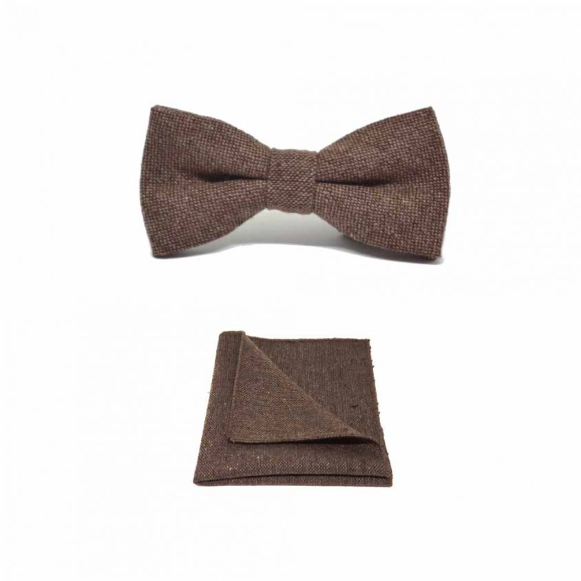 Highland Weave Hessian Brown Bow Tie & Pocket Square Set