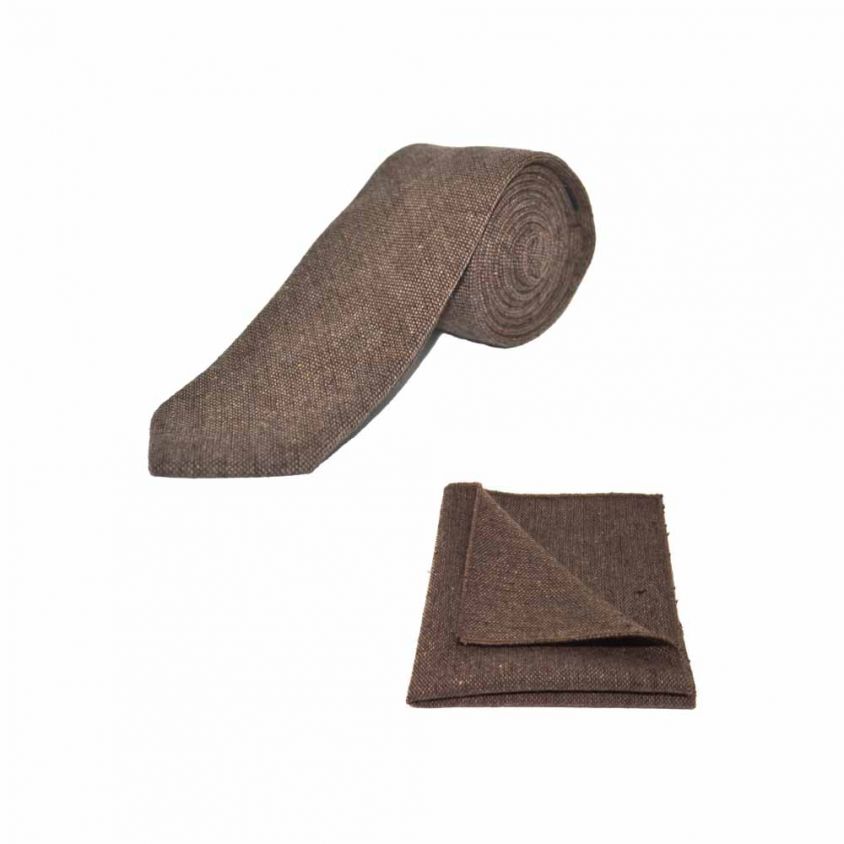 Highland Weave Hessian Brown Tie & Pocket Square Set