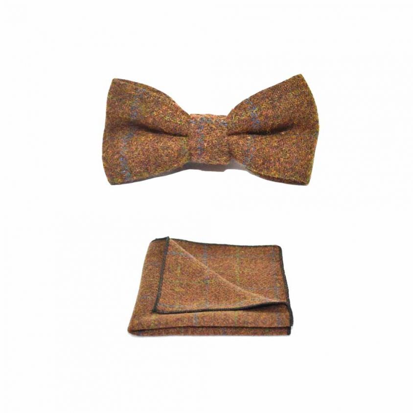 Heritage Check Cedar Brown Bow Tie & Pocket Square Set