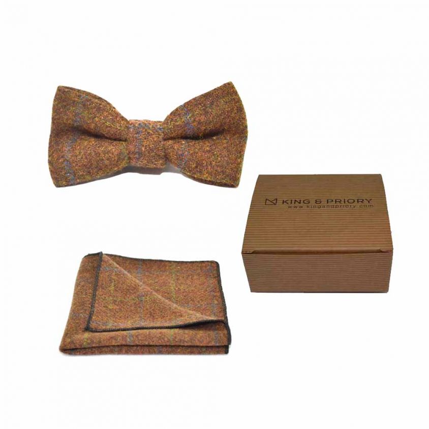 Heritage Check Cedar Brown Bow Tie & Pocket Square Set | Boxed