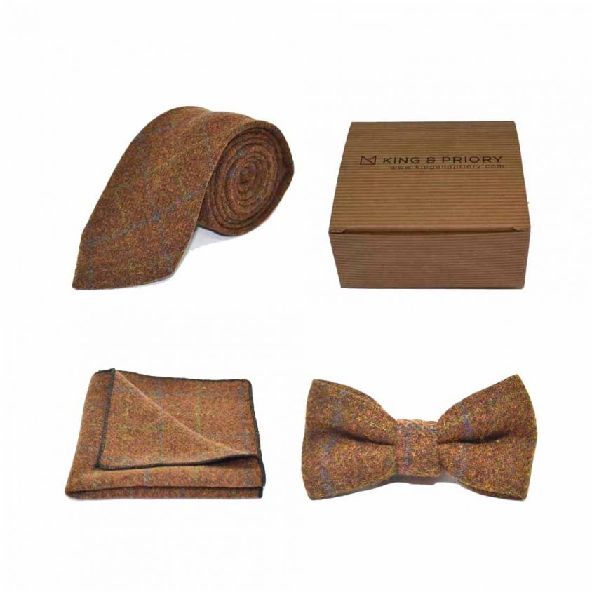 Heritage Check Cedar Brown Bow Tie, Tie & Pocket Square Set | Boxed
