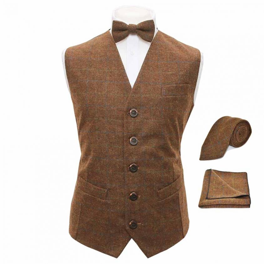 Heritage Check Cedar Brown Waistcoat, Bow Tie, Tie & Pocket Square Set