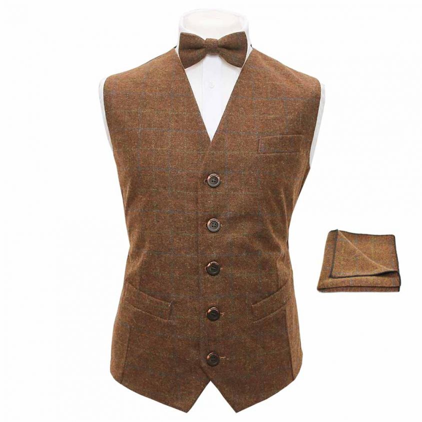 Heritage Check Cedar Brown Waistcoat, Bow Tie & Pocket Square Set