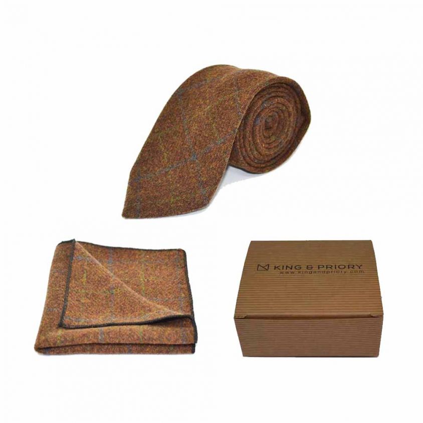 Heritage Check Cedar Brown Tie & Pocket Square Set | Boxed