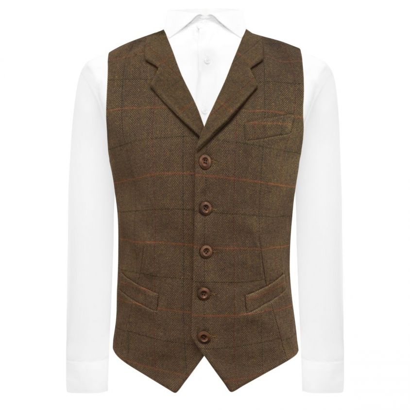 Dijon Brown Herringbone Check Waistcoat with Lapel
