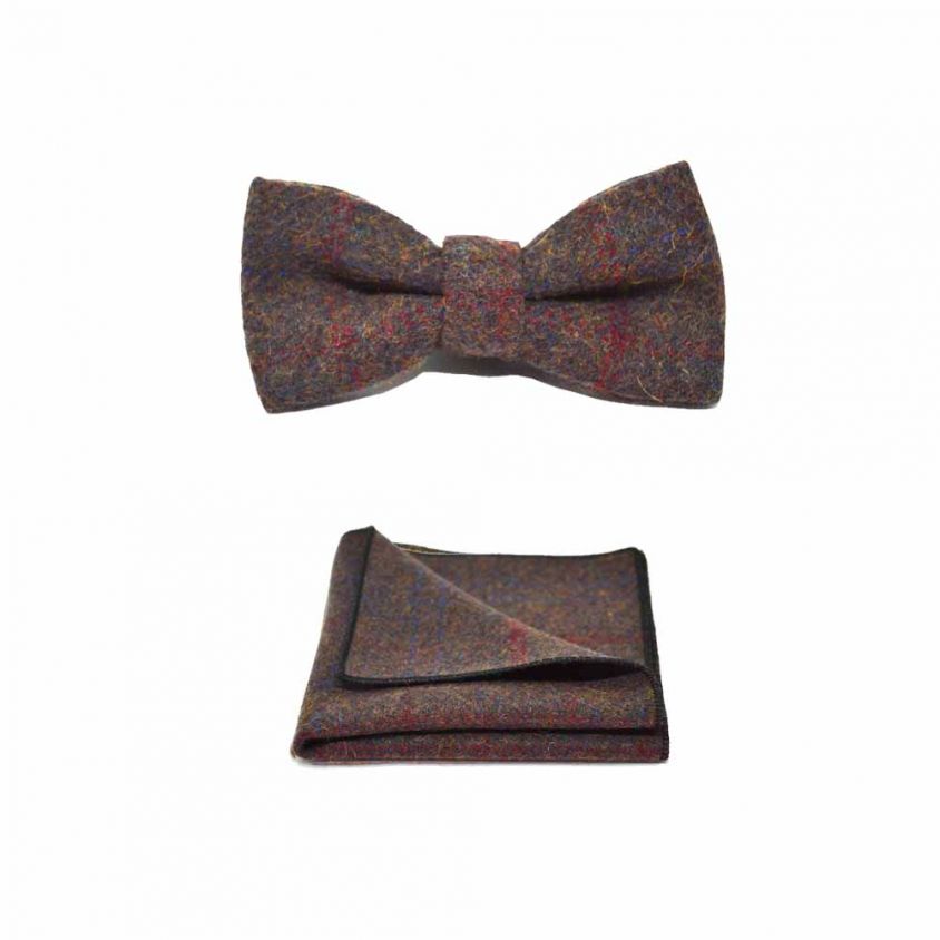 Heritage Check Earth Brown Bow Tie & Pocket Square Set
