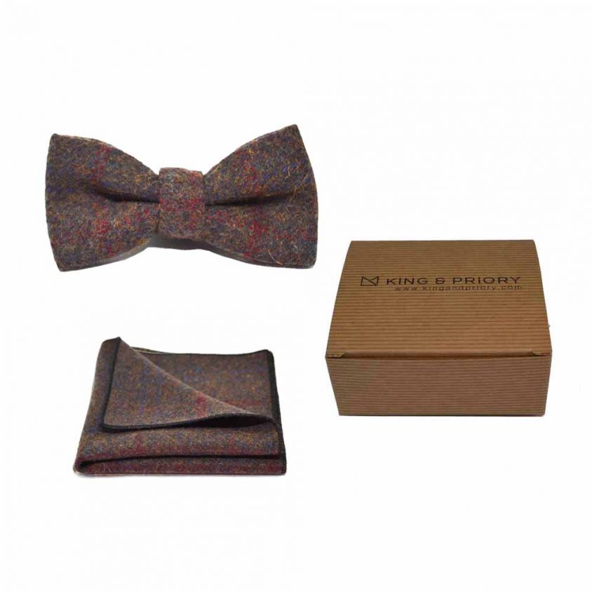 Heritage Check Earth Brown Bow Tie & Pocket Square Set | Boxed