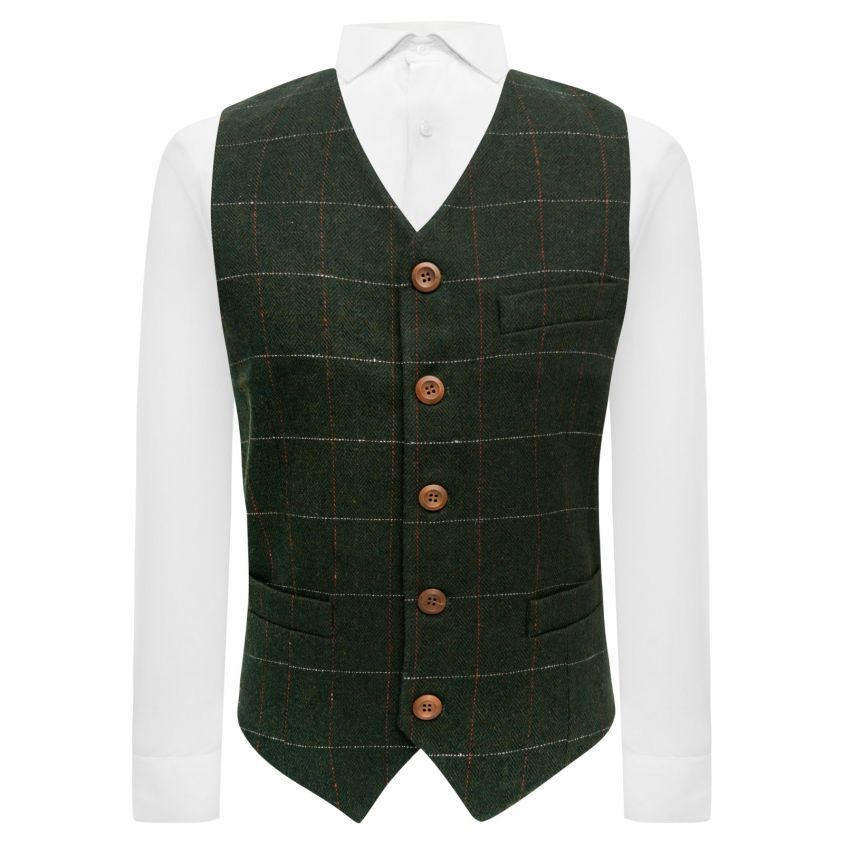 Forest Green Herringbone Check Waistcoat