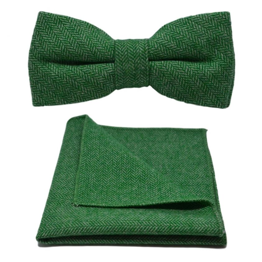 Garden Green Herringbone Bow Tie & Pocket Square Set