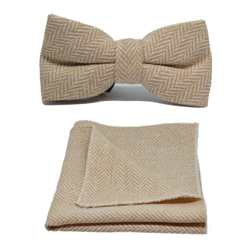 Gold & Cream Herringbone Bow Tie & Pocket Square Set