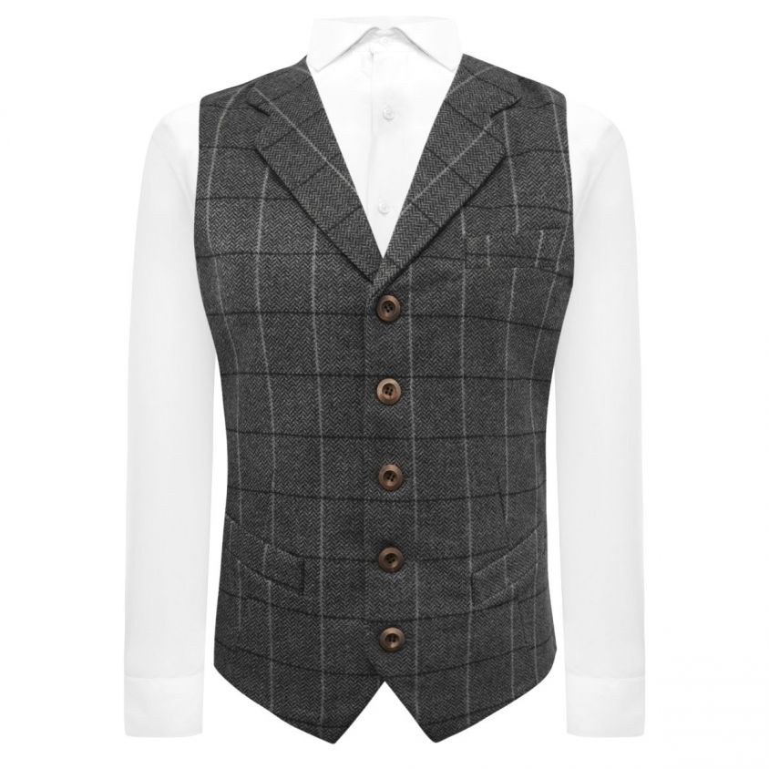Graphite Grey Herringbone Check Waistcoat with Lapel