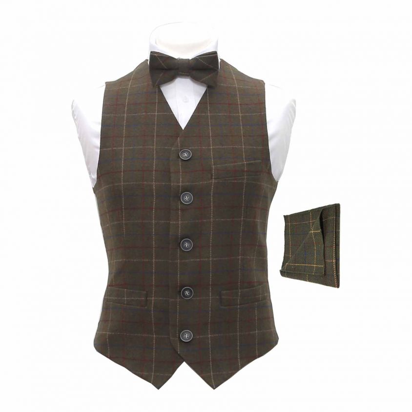 Heritage Check Regency Green Waistcoat & Matching Bow Tie & Pocket Square
