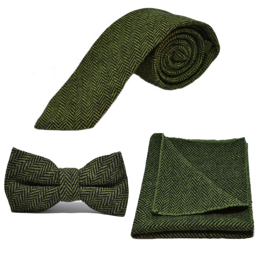 Pickle Green & Black Herringbone Tie, Bow Tie & Pocket Square Set