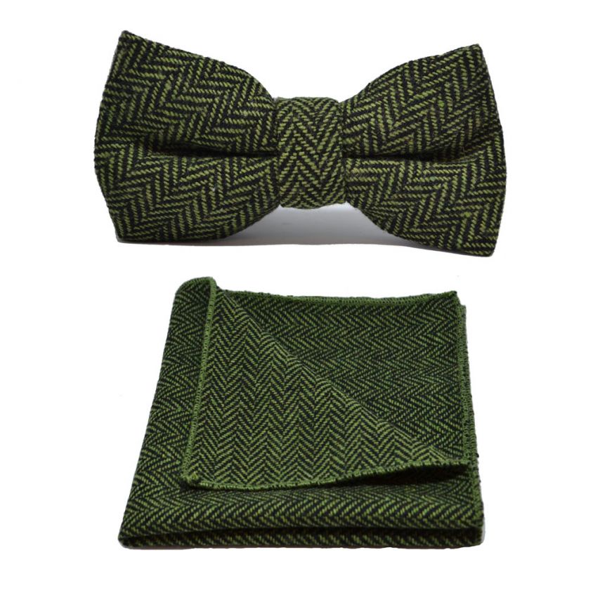 Pickle Green & Black Herringbone Bow Tie & Pocket Square Set