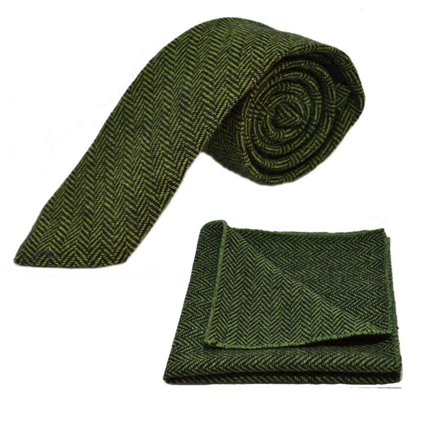 Pickle Green & Black Herringbone Tie & Pocket Square Set