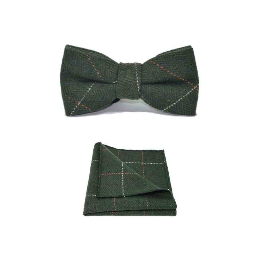Luxury Herringbone Forest Green Tweed Bow Tie & Pocket Square Set