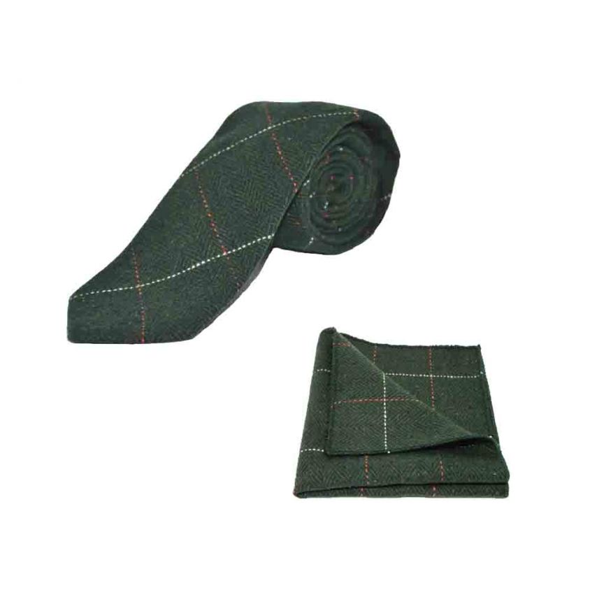 Luxury Herringbone Forest Green Tweed Tie & Pocket Square Set