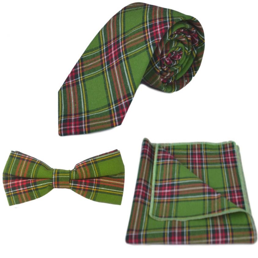 Traditional Green Tartan Tie, Bow Tie & Pocket Square Set